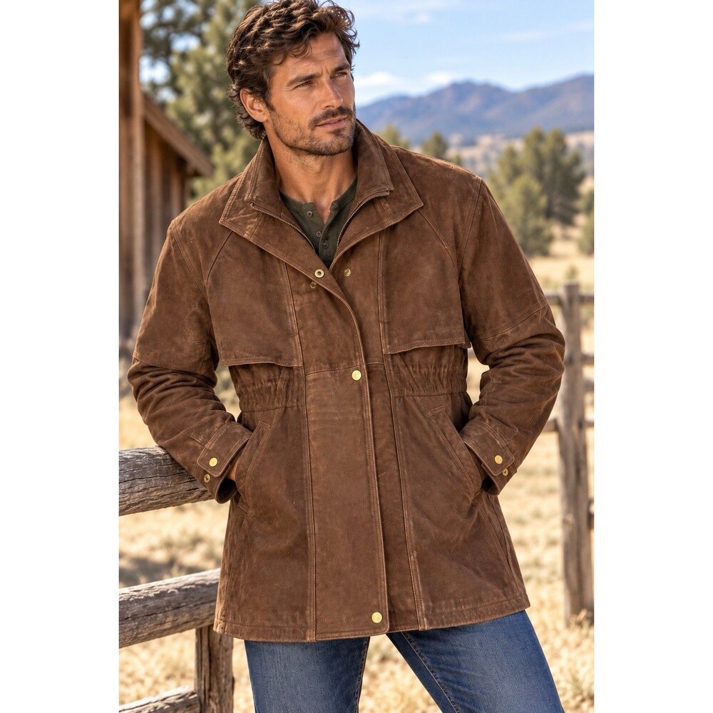 Vintage Wilsons Brown Suede Leather Long Jacket Coat Mens Size Medium Zip Snap